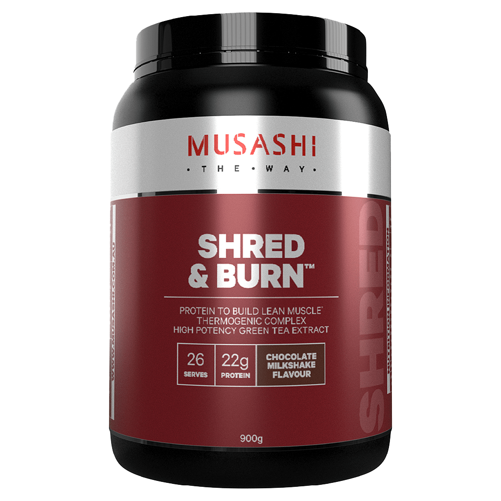 Close-up of Musashi Lean Muscle Fat Burner protein powder container, highlighting its muscle building properties.