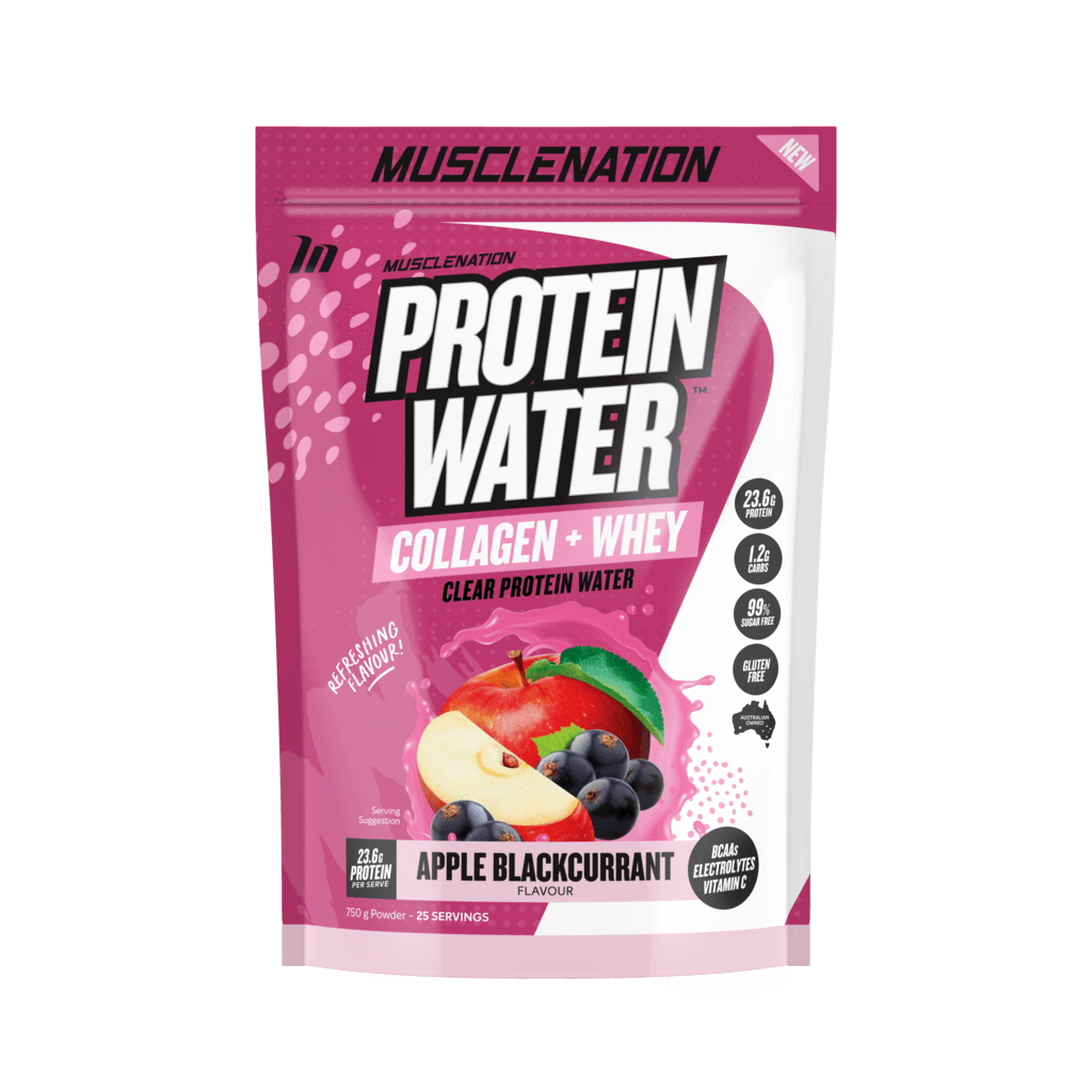 Clear protein water with collagen and whey protein in a gym setting.