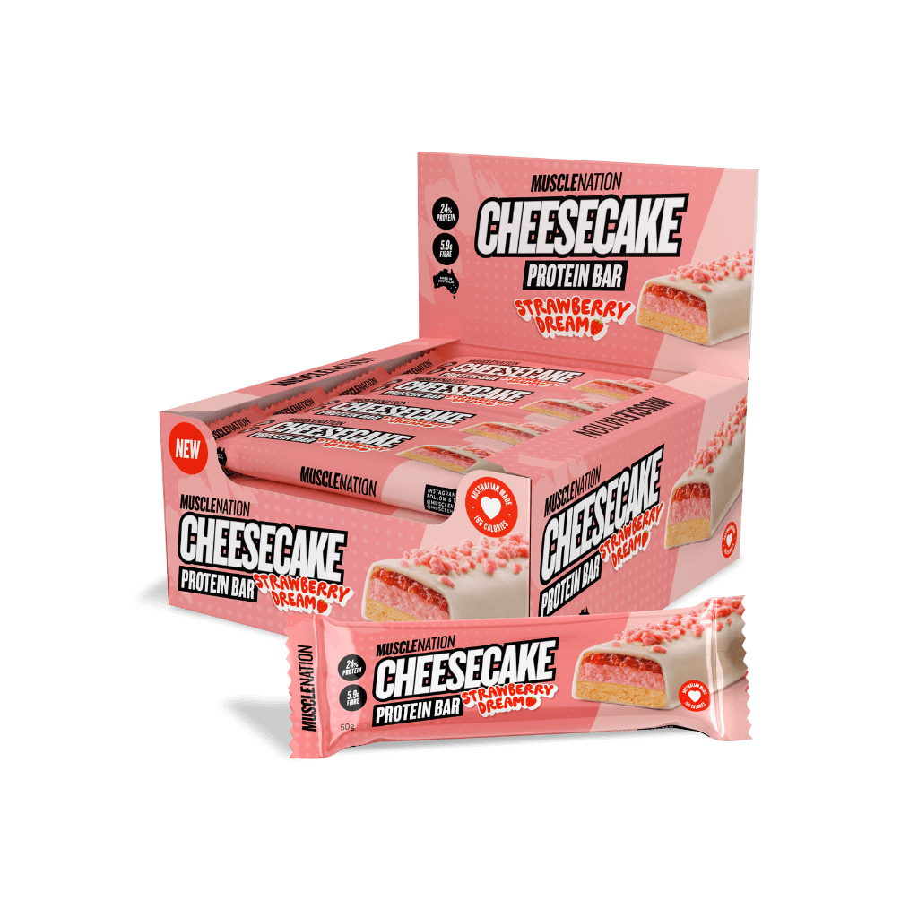 Close-up of a cheesecake flavor protein bar, highlighting its creamy texture and rich color.