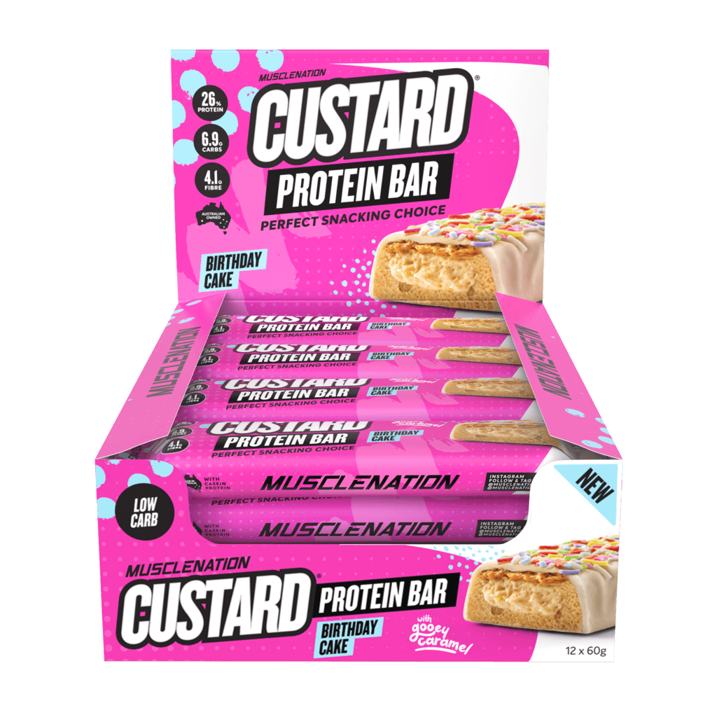 Close-up of custard protein bar showing creamy center and textured coating