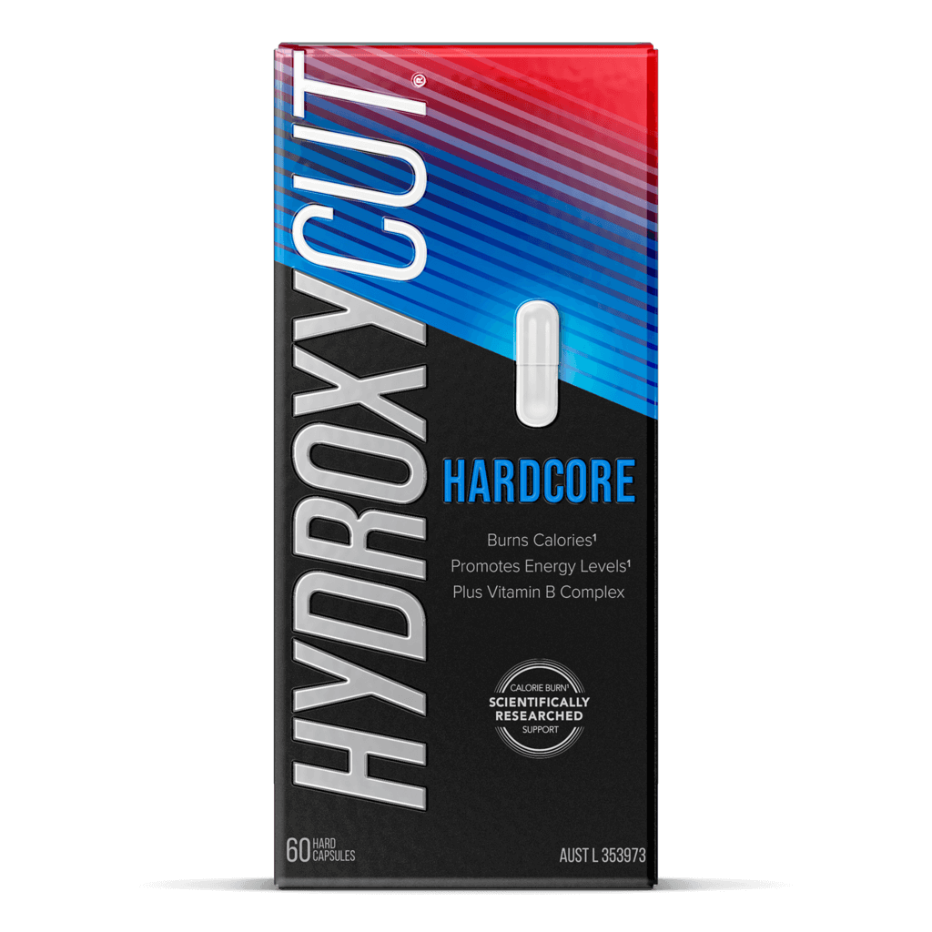 Hydroxycut Power Boost energy booster for weight loss on a gym bench