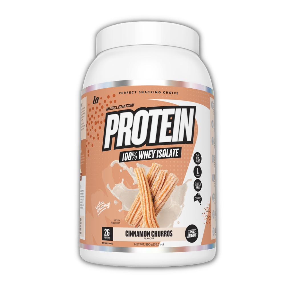 Muscle Nation 100% Whey Isolate Protein powder in a scoop, ideal for fitness enthusiasts.