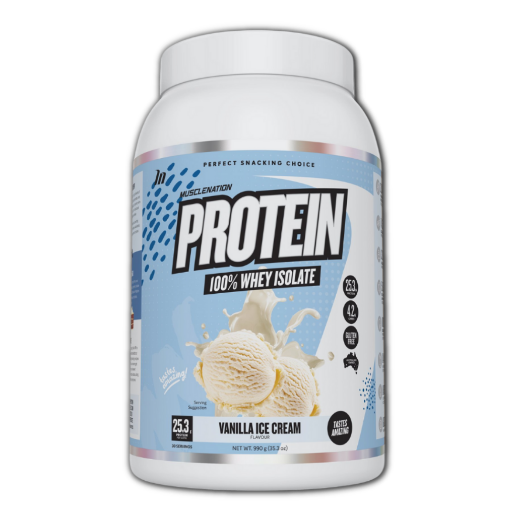 Muscle Nation 100% Whey Isolate Protein powder in a scoop, ideal for fitness enthusiasts.