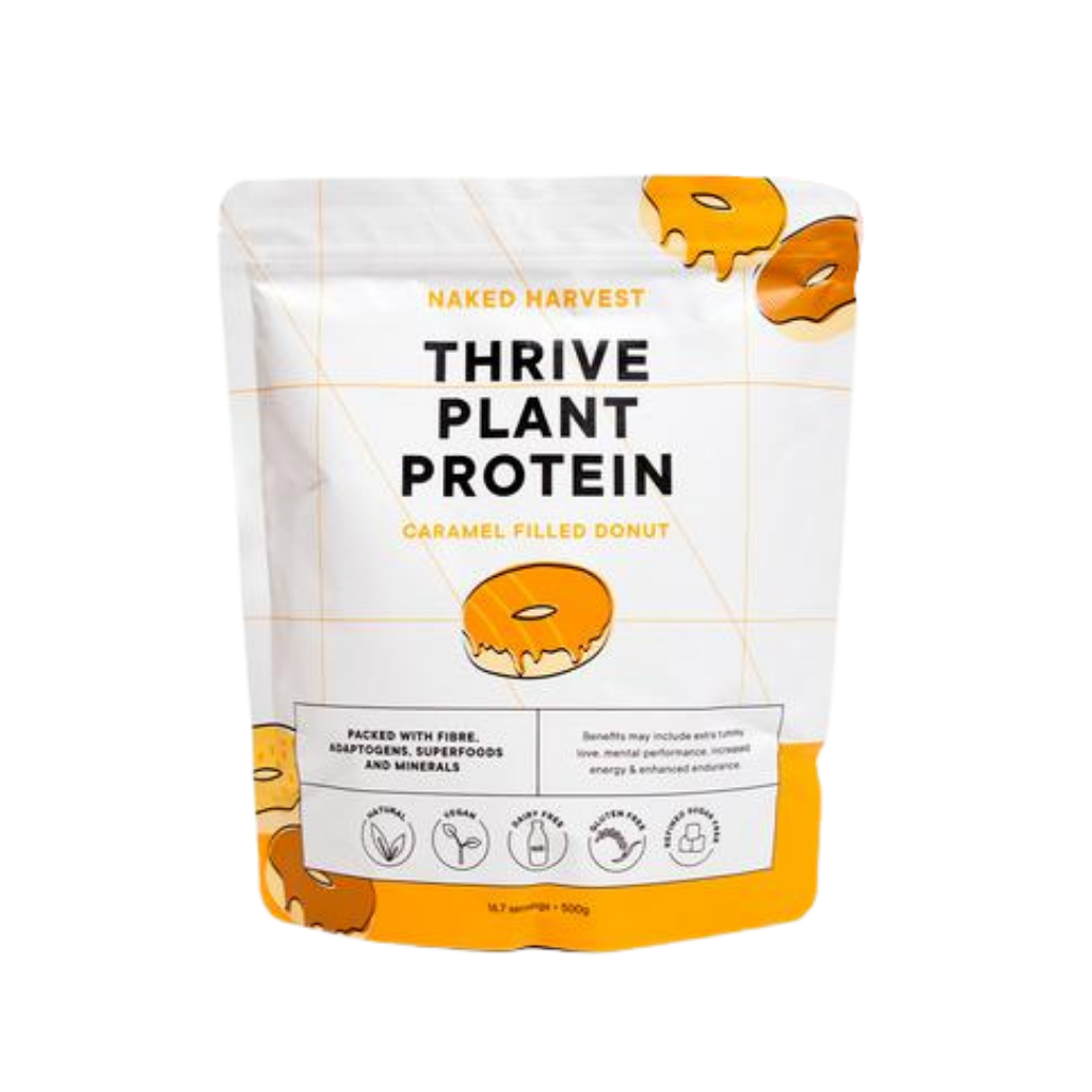 Front-facing pouch of ThriveX Superfood Vegan Protein Blend placed next to a smoothie shaker, highlighting its plant protein content