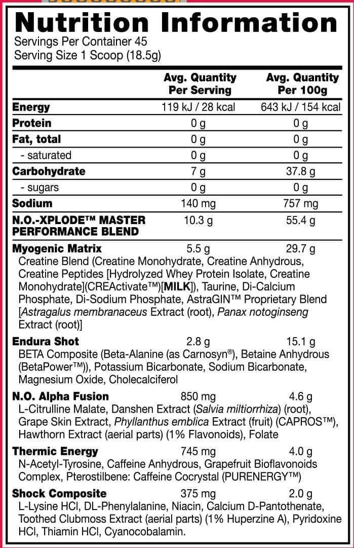 N.O. XPLODE 3.0 pre-workout supplement on a gym bench