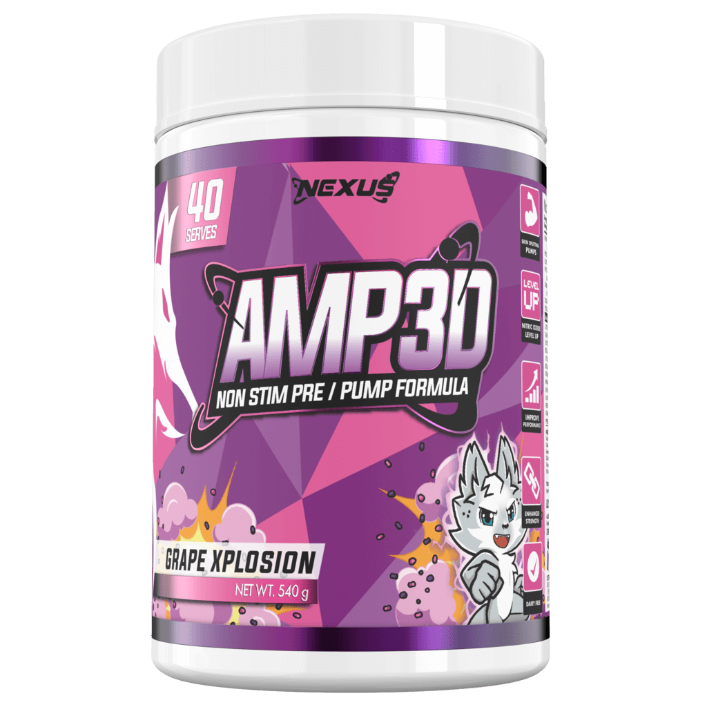 Pre-workout supplement bottle labeled AMP3D with active athlete in gym background