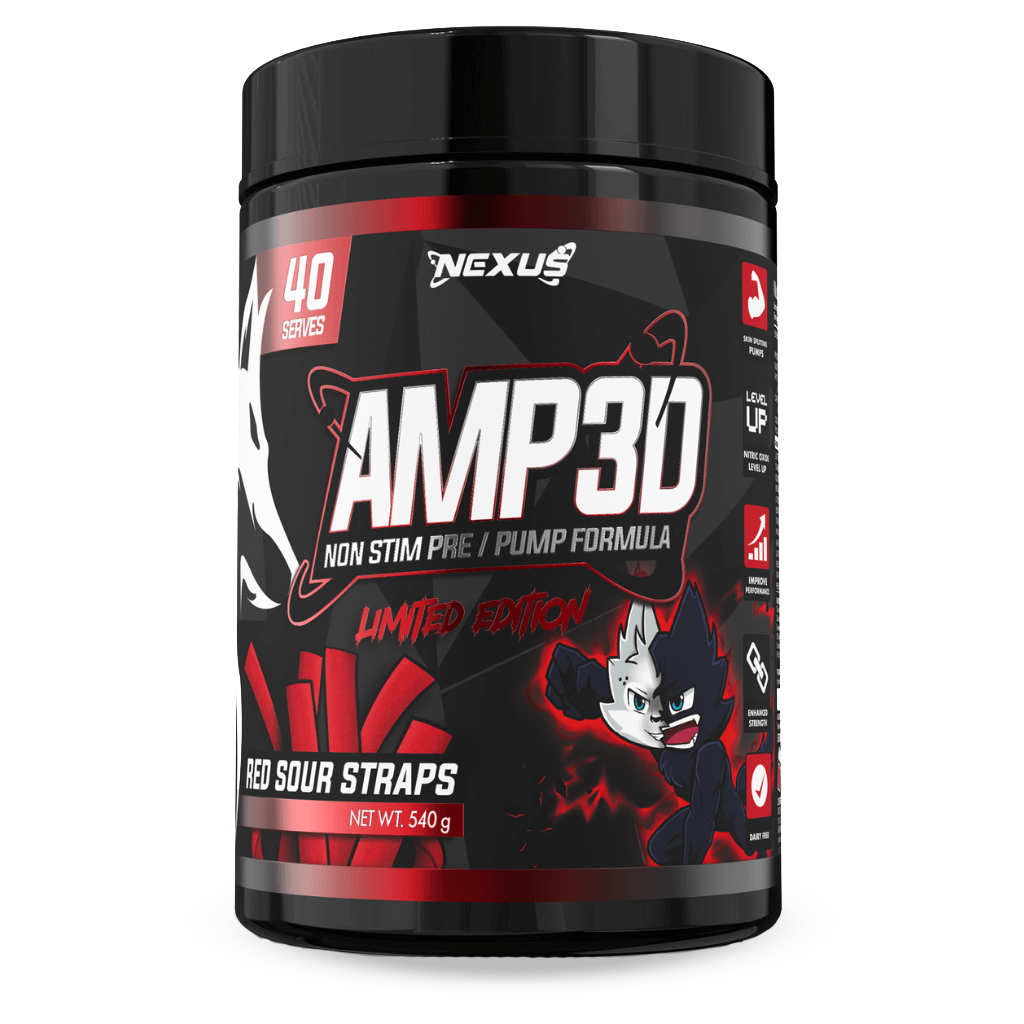 Pre-workout supplement bottle labeled AMP3D with active athlete in gym background