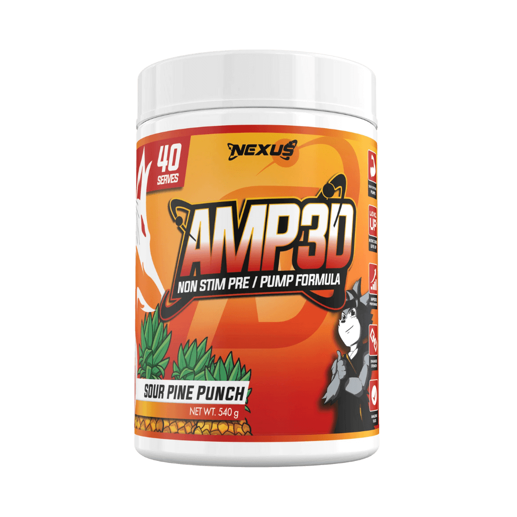 Close-up of AMP3D powder on a gym bench highlighting blood flow and energy boost benefits