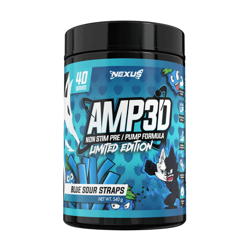 Pre-workout supplement bottle labeled AMP3D with active athlete in gym background