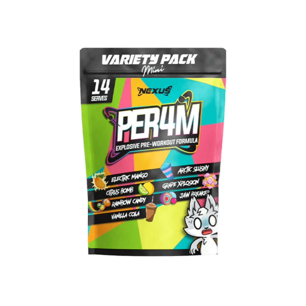 Nexus Ultimate Pre Workout Variety Pack showcasing all seven flavors.