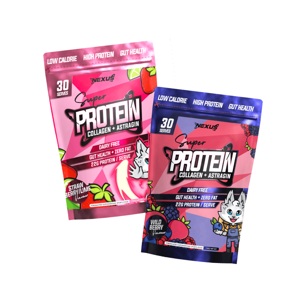 Ultimate Collagen Protein Water Twin Pack displayed on a gym bench, ideal for muscle recovery
