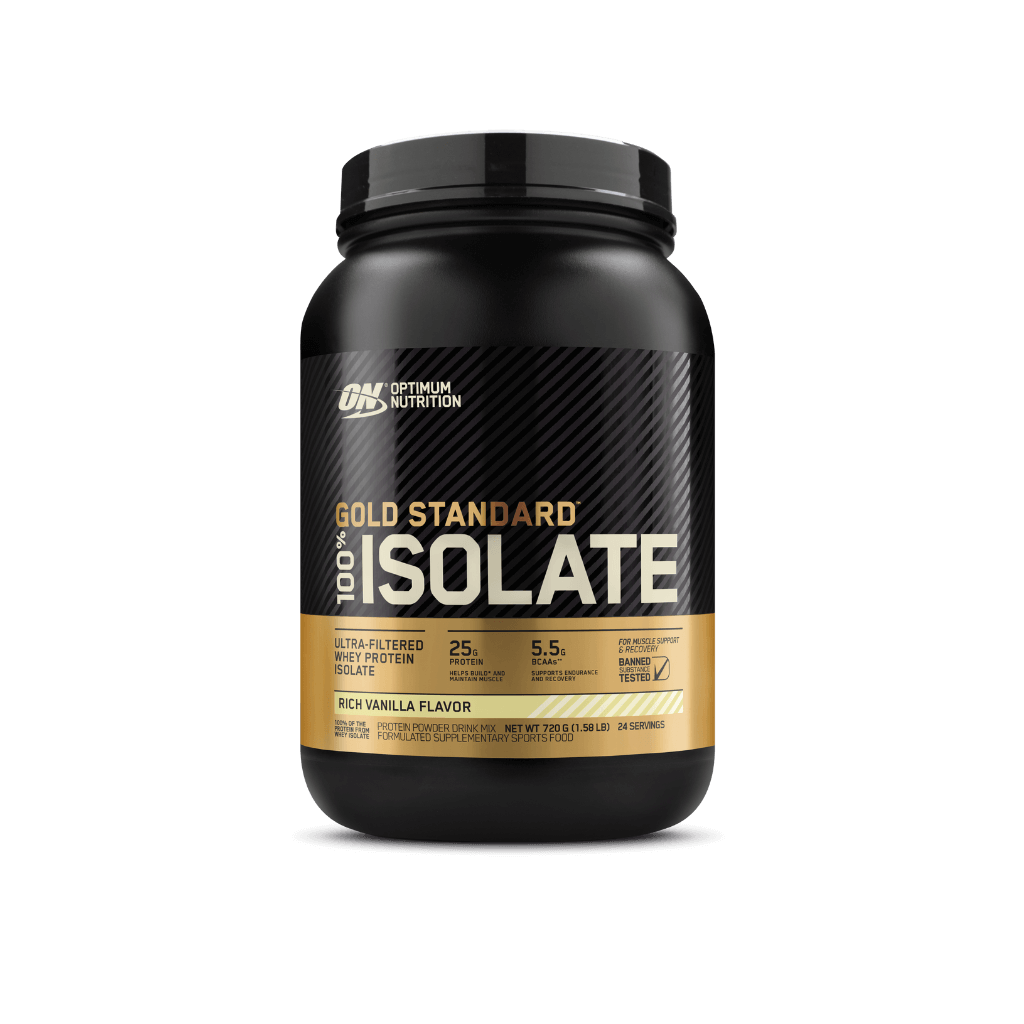 Front view of ElitePure Whey Isolate+ packaging showing sleek design and protein powder label