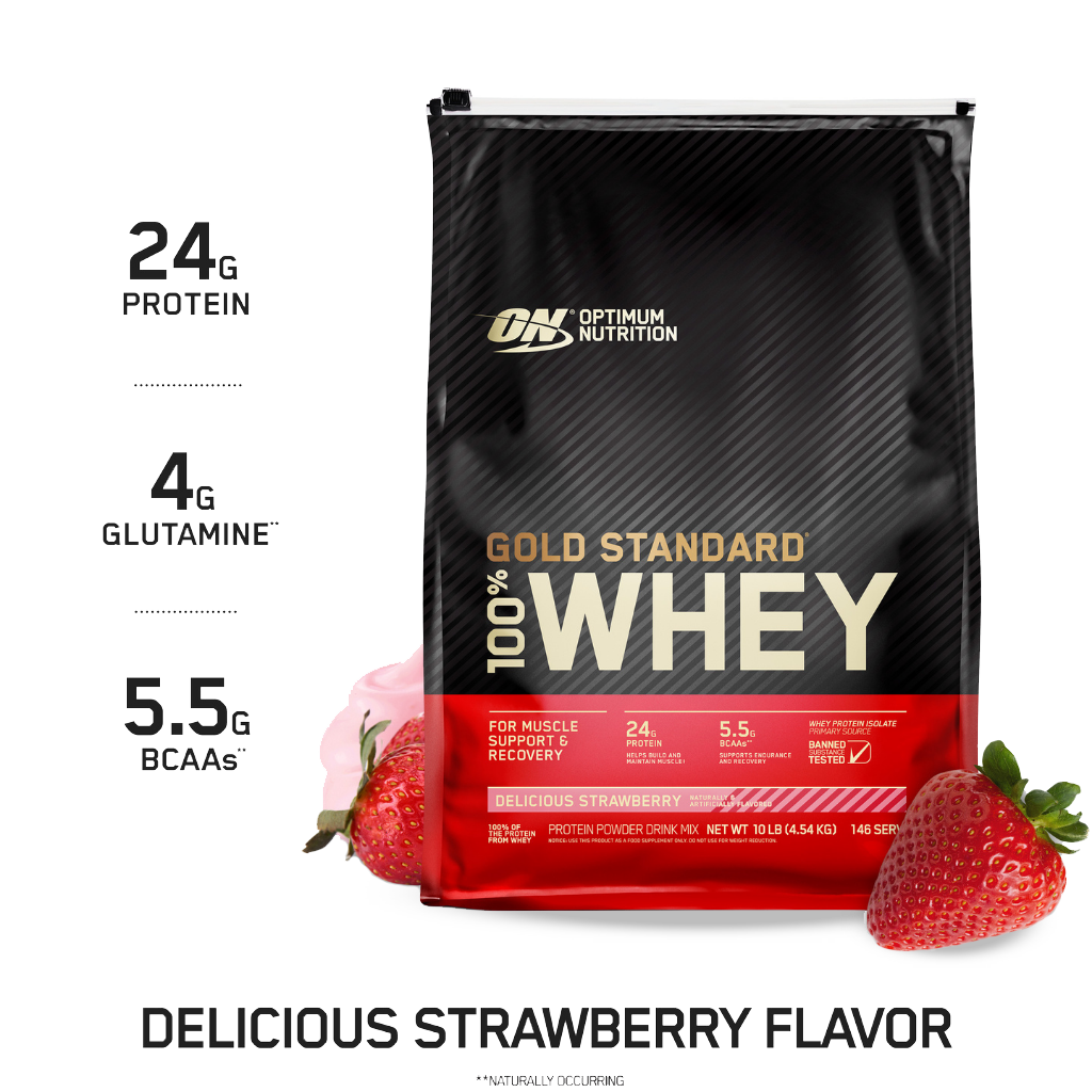 Close-up of Gold Standard 100% Whey Protein container for muscle gain
