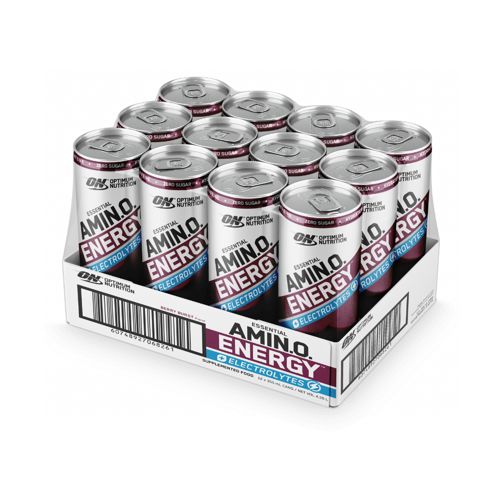 Front-facing image of OptiFizz Amino Spark can showcasing its vibrant branding and caffeine + electrolyte benefits