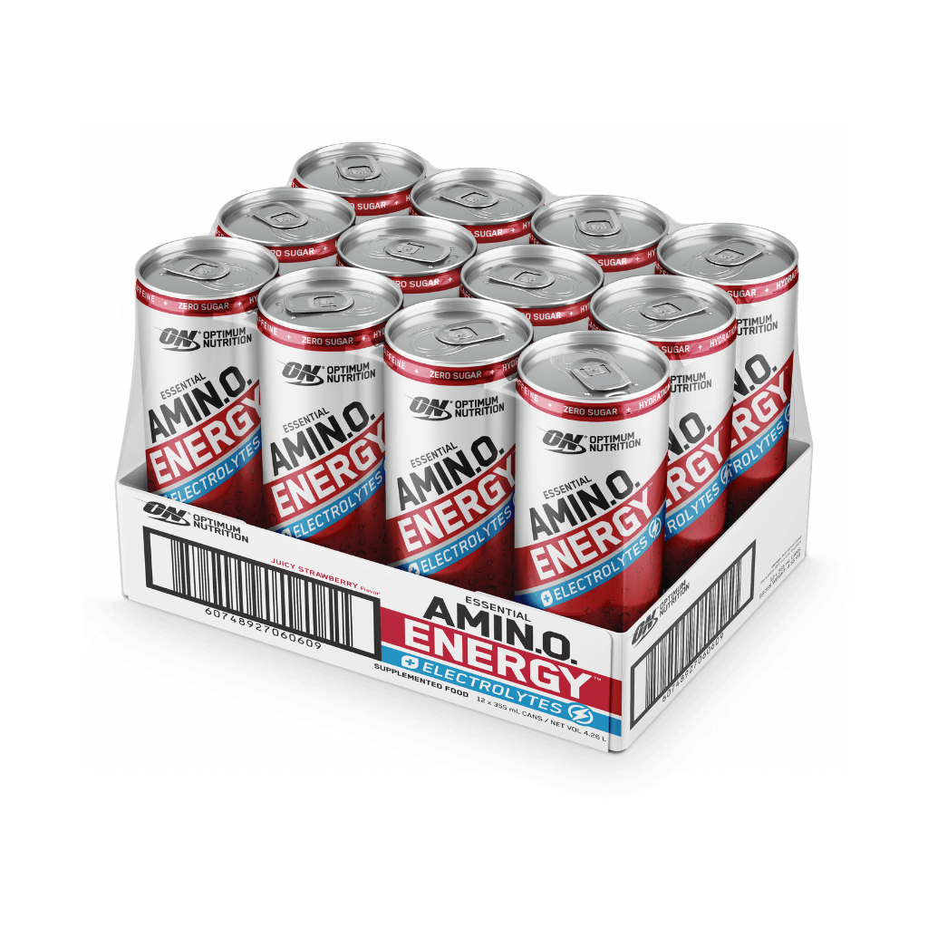 Front-facing image of OptiFizz Amino Spark can showcasing its vibrant branding and caffeine + electrolyte benefits