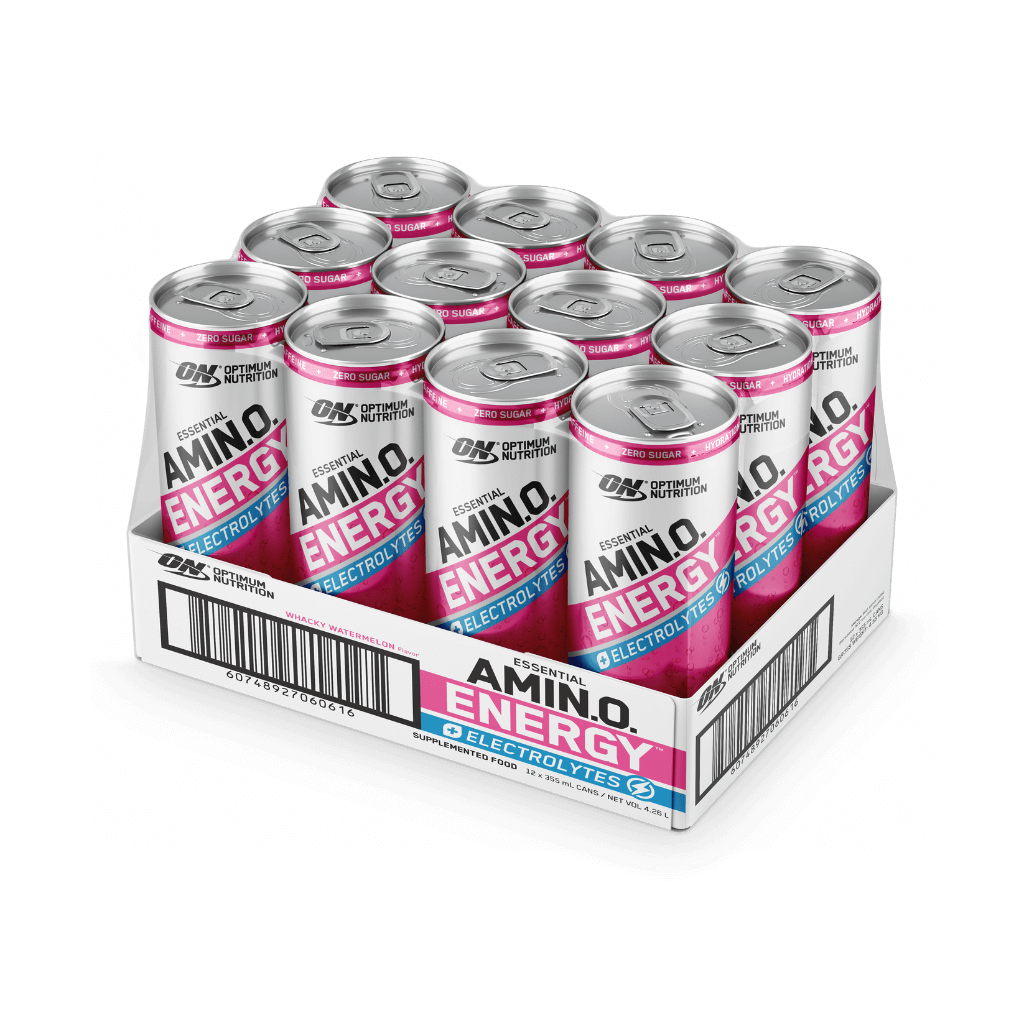 Front-facing image of OptiFizz Amino Spark can showcasing its vibrant branding and caffeine + electrolyte benefits