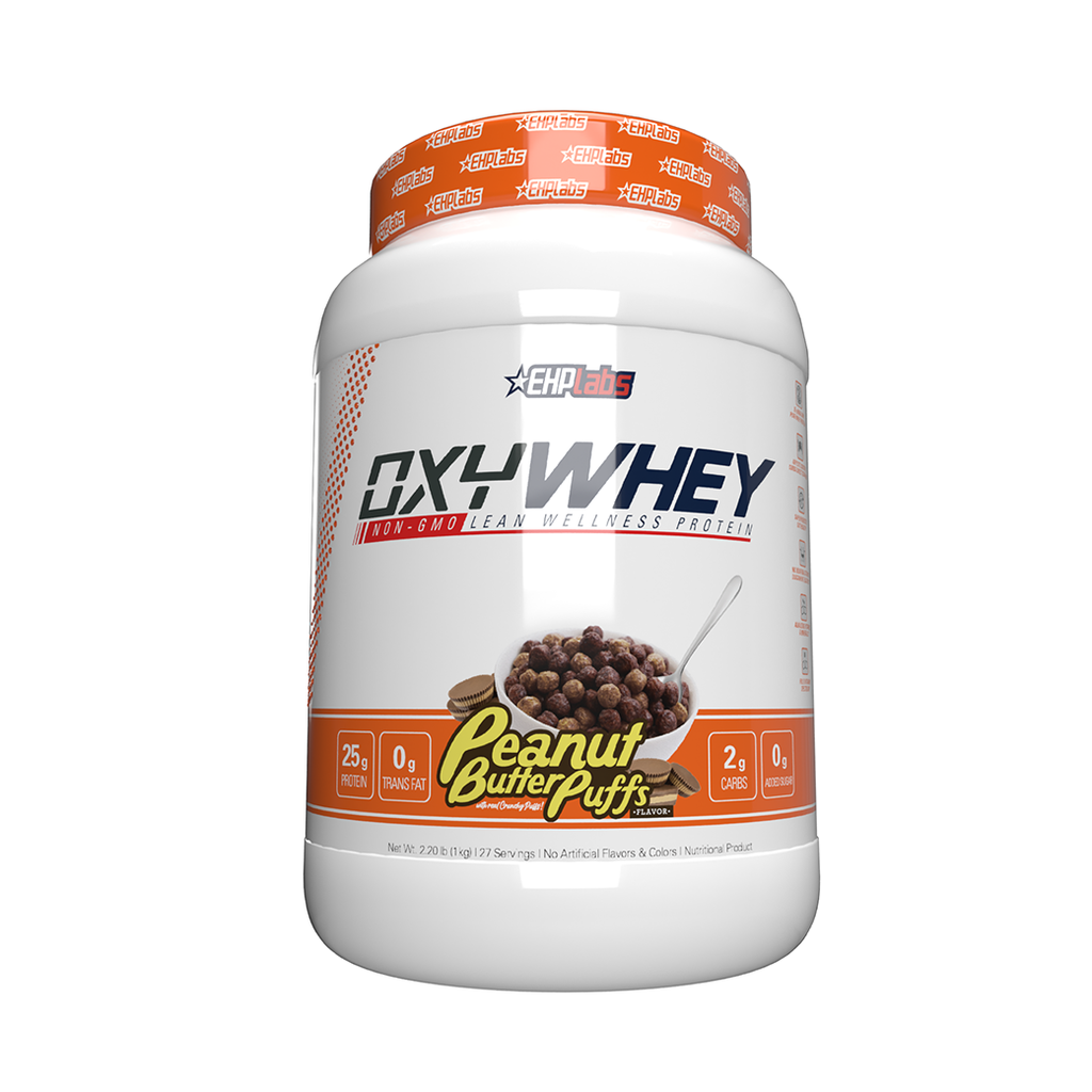 Oxywhey whey protein powder jar close-up, perfect for weight loss support