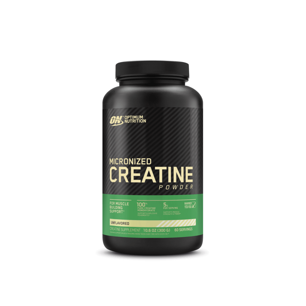 Optimum Nutrition Premium Creatine Monohydrate in a clear container, showcasing the fine powder texture for easy mixing.