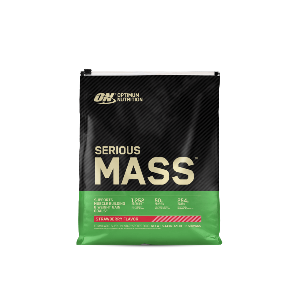 Ultimate Mass Gainer Formula packaging on a gym bench, emphasizing its weight gain benefits.