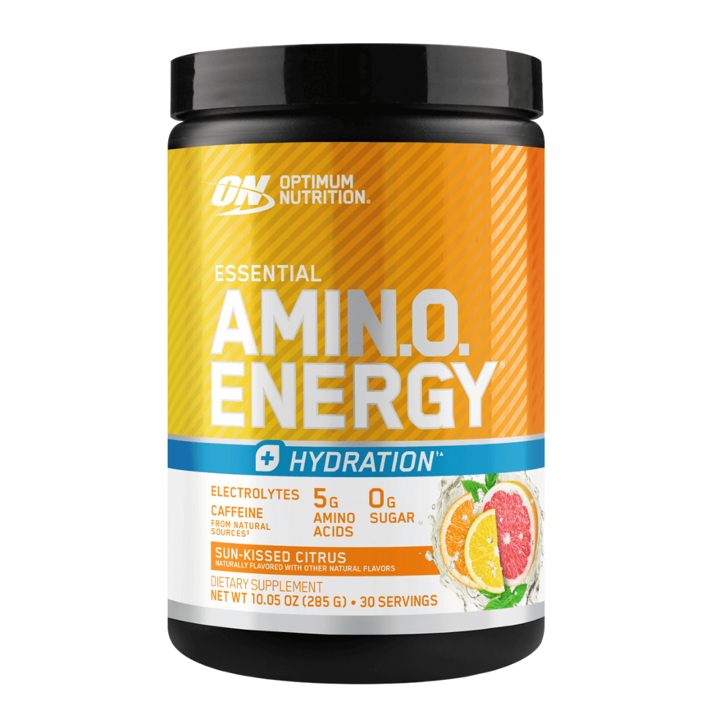 Energize + Hydrate Amino Blend in a shaker bottle, perfect for post-workout recovery.