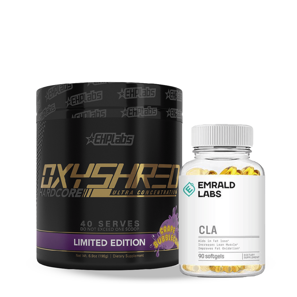 Oxyshred Hardcore Power Stack with CLA supplements on a gym bench
