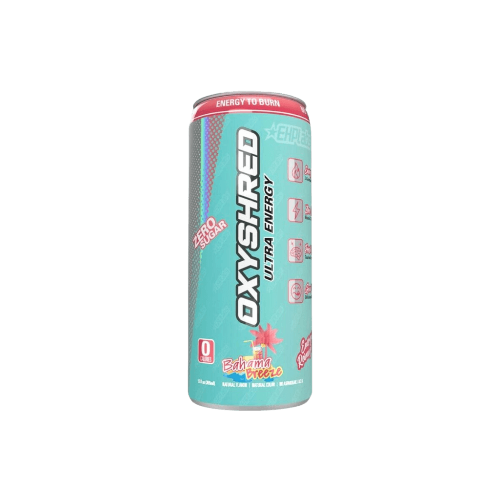 Oxyshred RTD can on a gym bench, showcasing its energy-boosting properties.