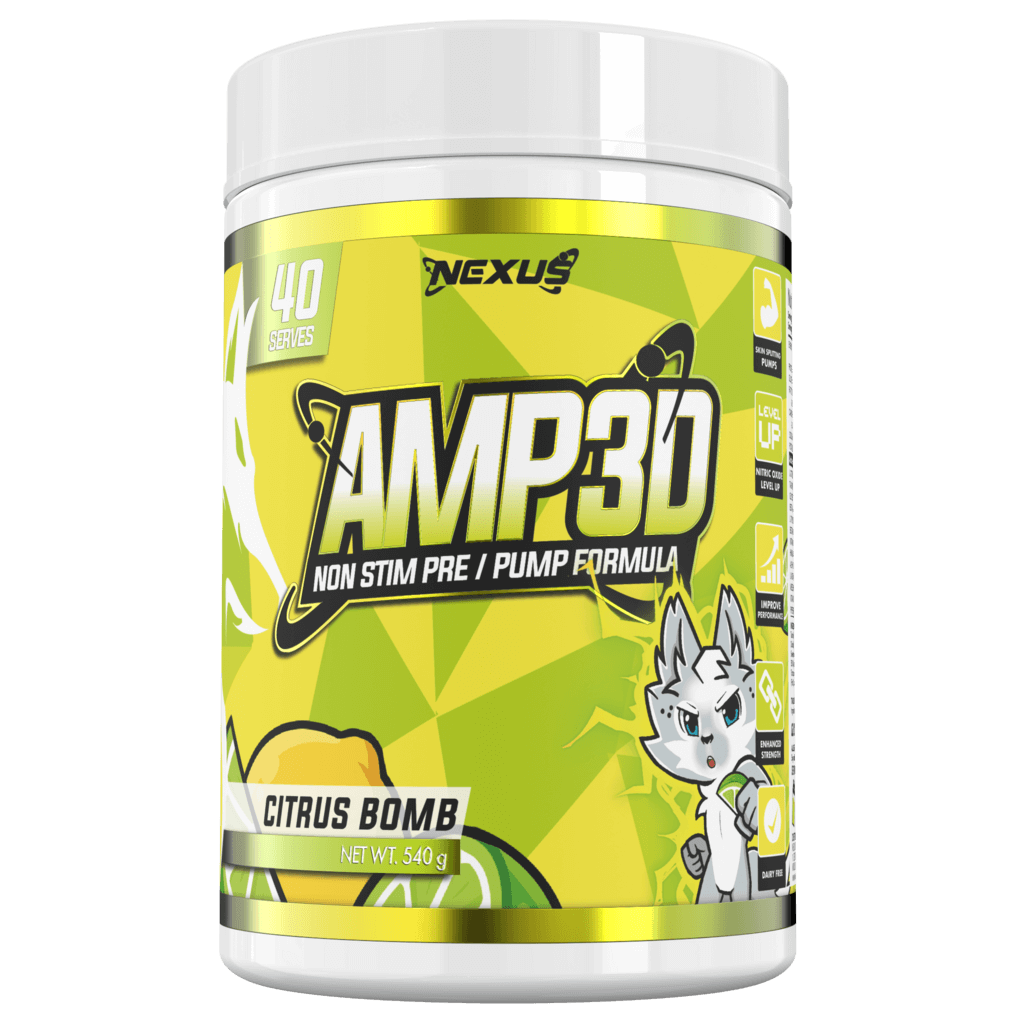 Close-up of AMP3D powder on a gym bench highlighting blood flow and energy boost benefits
