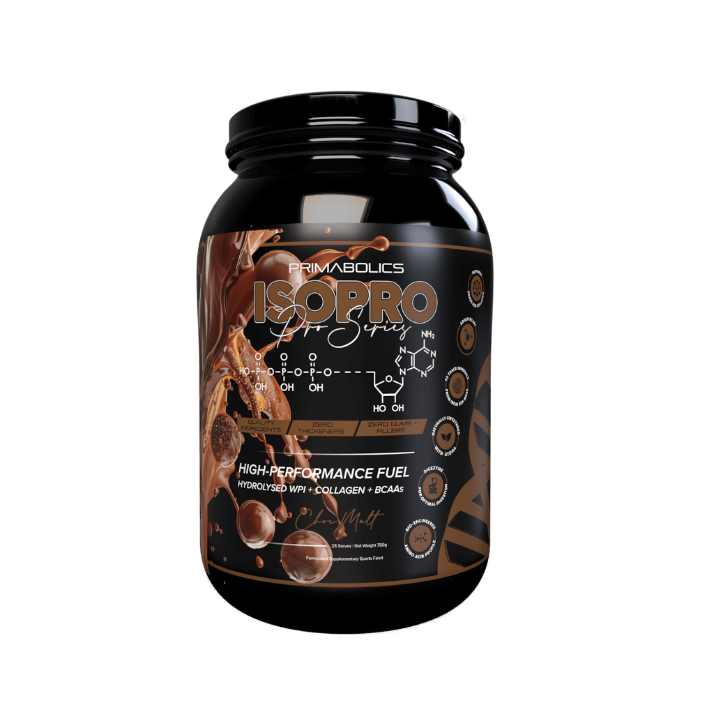 Isopro Power Protein supplement jar with athletic background, ideal for muscle gain