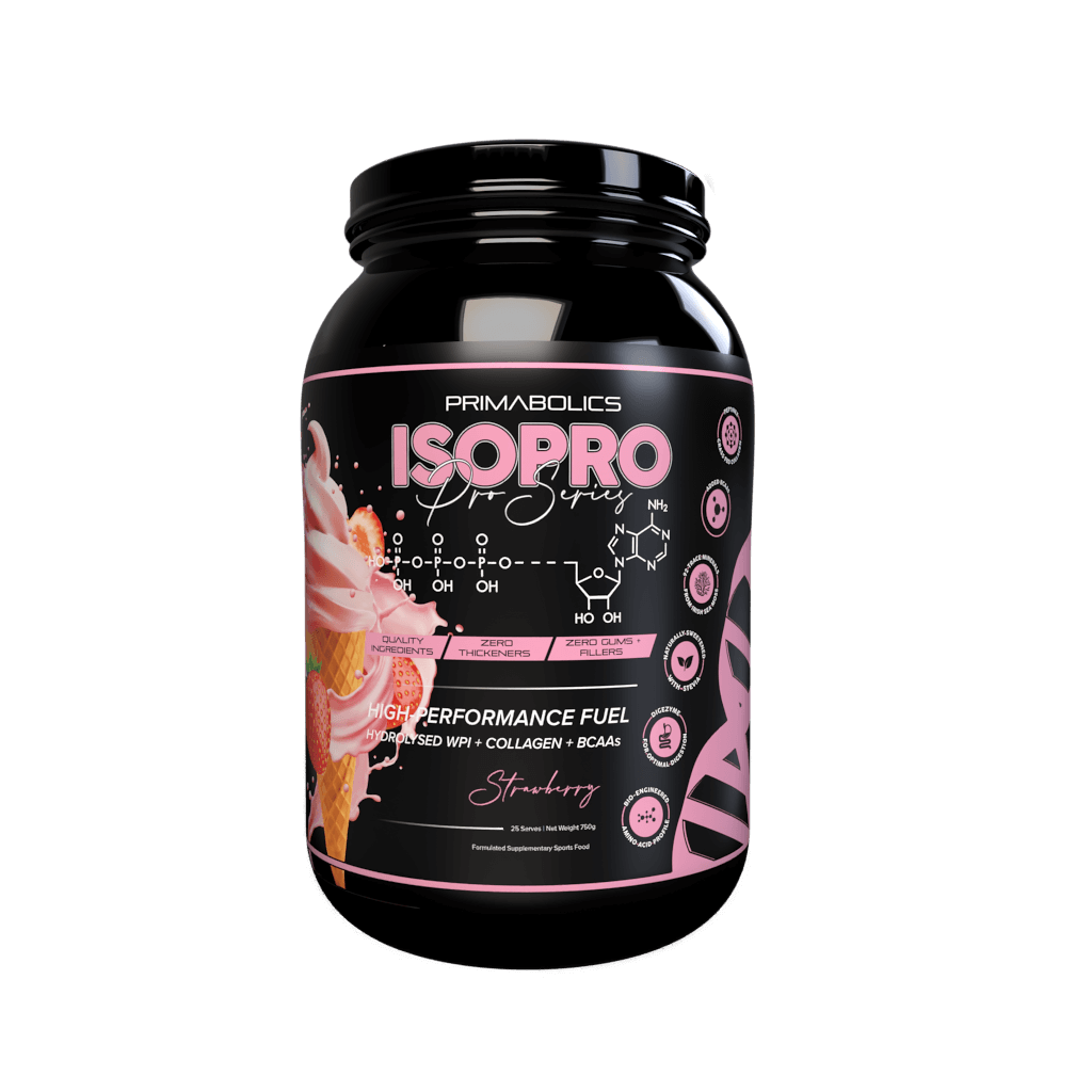 Isopro Power Protein supplement jar with athletic background, ideal for muscle gain