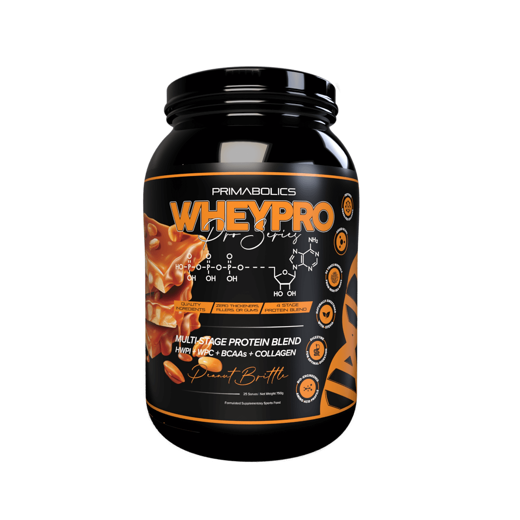 Close-up of WheyPro Elite protein powder container highlighting premium packaging