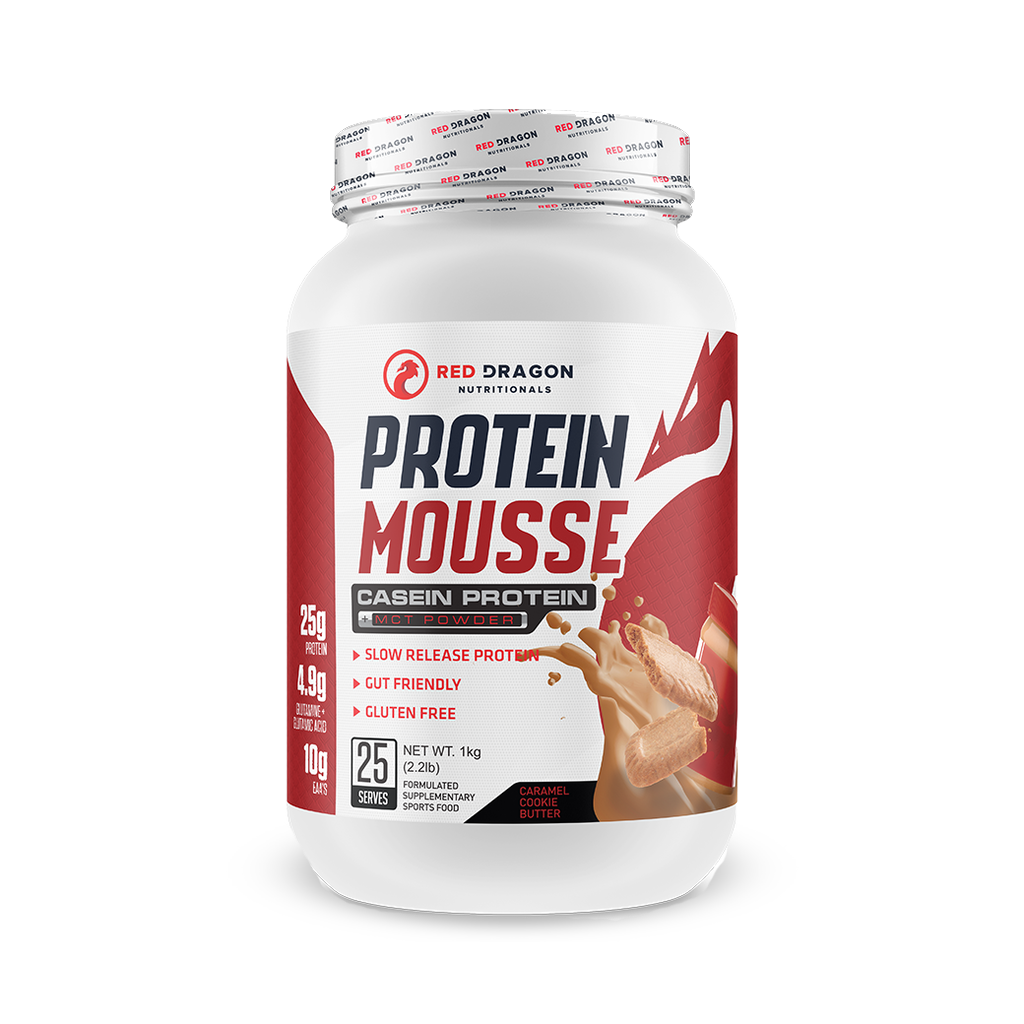 Elite Power Protein Mousse in packaging displayed beside gym gear