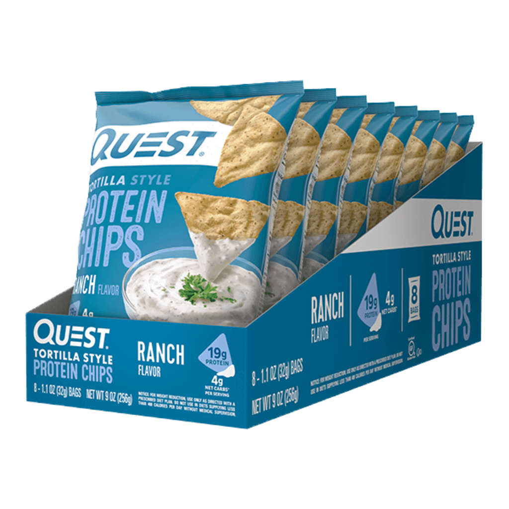 Pack of Quest Crunchy Protein Tortilla Chips displayed on a rustic table, emphasizing its vibrant packaging.