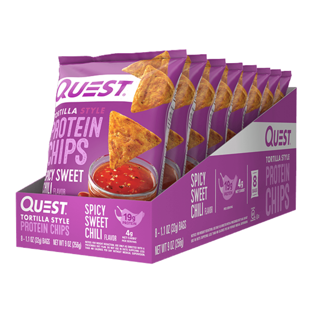 Close-up of Quest Crunchy Protein Tortilla Chips in a bowl, showcasing their texture and color.