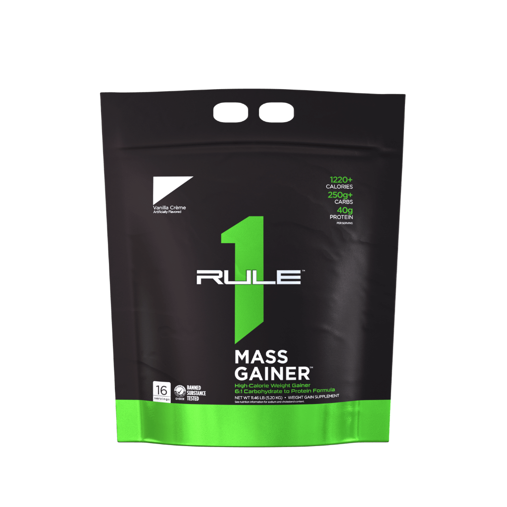 R1 Muscle Builder Gainer in a shaker bottle, showcasing its creamy texture and rich flavor, perfect for post-workout recovery.