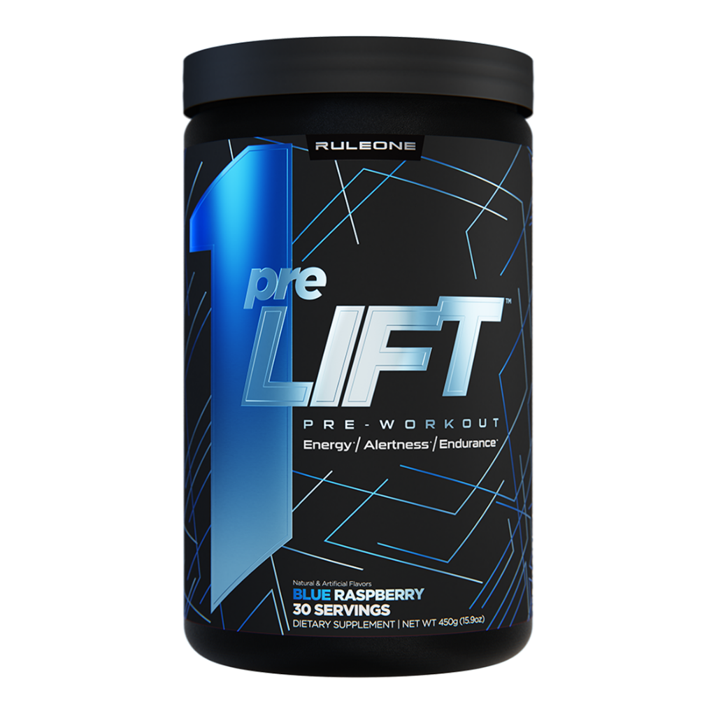 Close-up of R1 PreLIFT pre-workout powder with vibrant packaging, ideal for energy boost