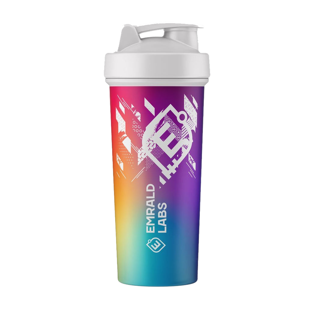 Top-down view of sturdy and colorful shaker bottle for fitness showing secure lid