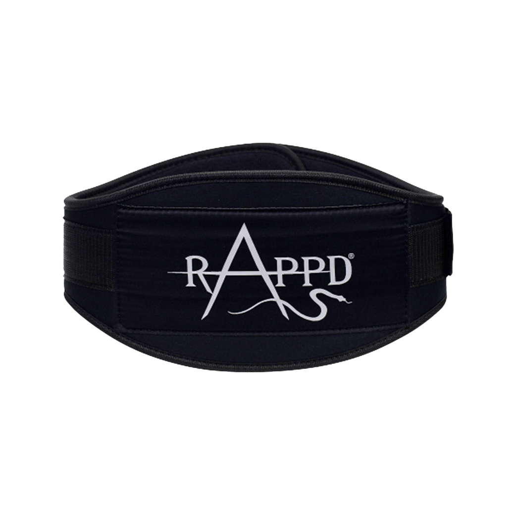 Rapp'd 4-inch neoprene belt in black with close-up of Velcro fastening