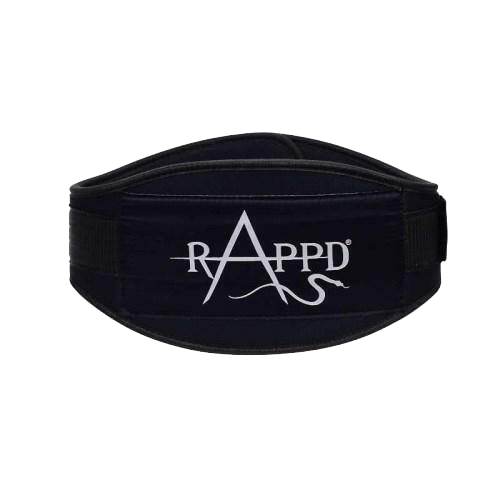 Front view of Rapp'd 6-inch neoprene weightlifting belt highlighting its sturdy buckle and thick material