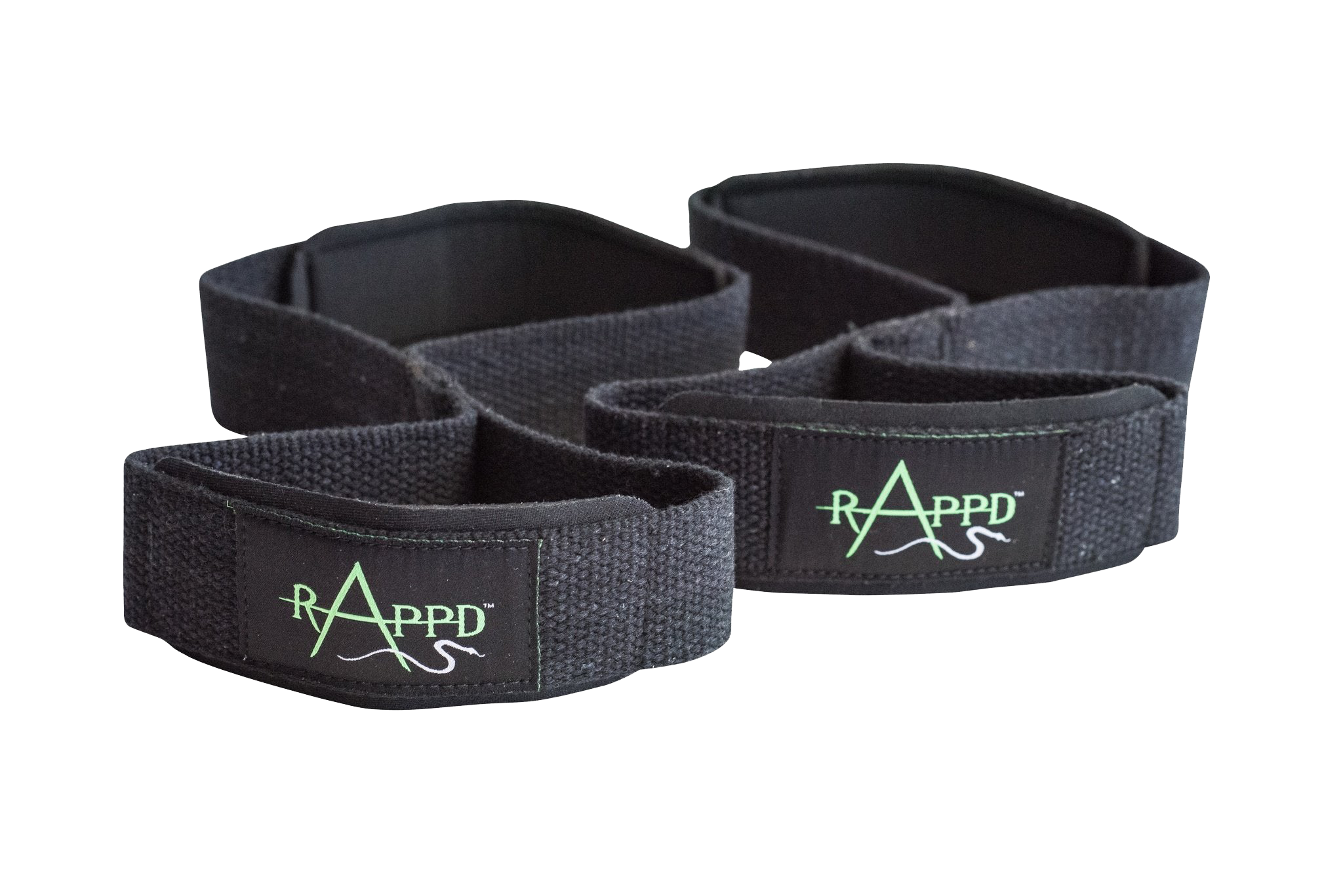 Close-up of Rapp'd Cotton Deadlift Straps showing the figure 8 design and neoprene padding.