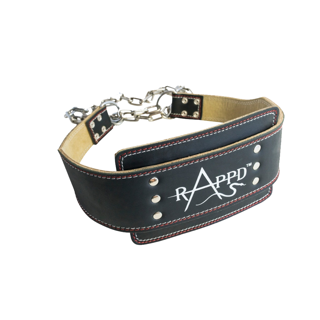 Front view of leather dip belt with chain for weightlifting