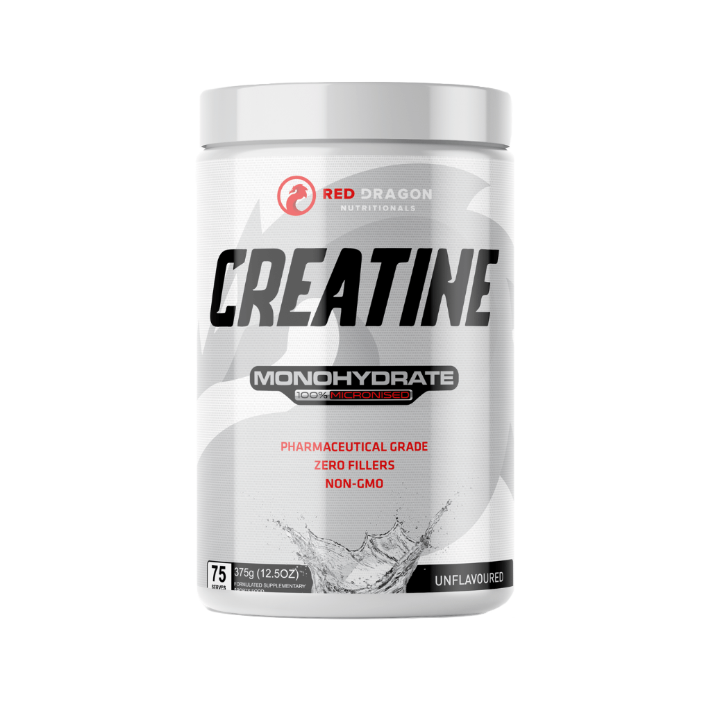 Container of premium creatine monohydrate showing label and scoop