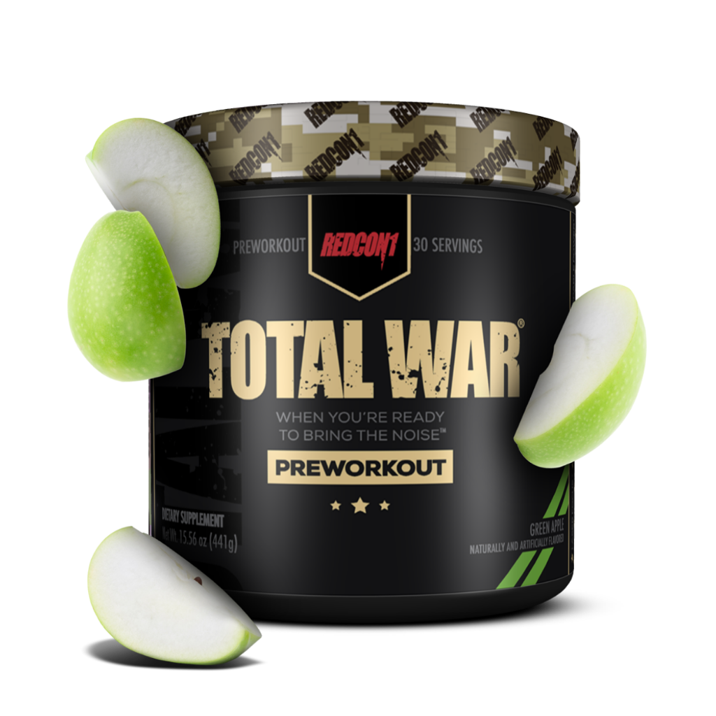 Close-up of Redcon1 Total War energy supplement packaging, showcasing its vibrant design and label.
