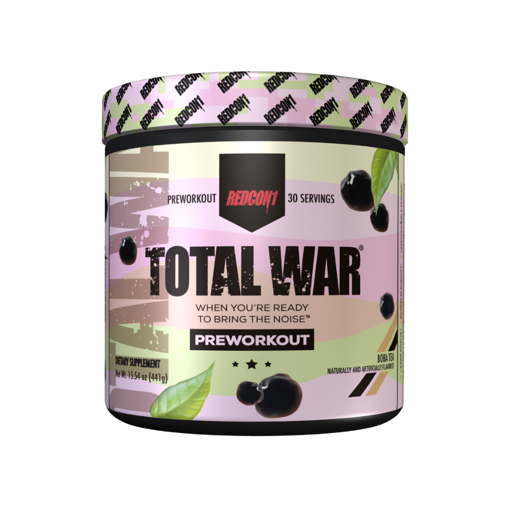 Athlete pouring Redcon1 Total War powder into a shaker cup, ready for an intense training session.