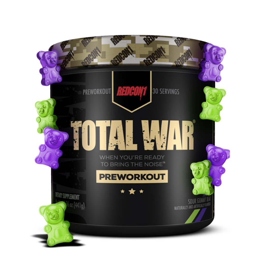 Athlete pouring Redcon1 Total War powder into a shaker cup, ready for an intense training session.