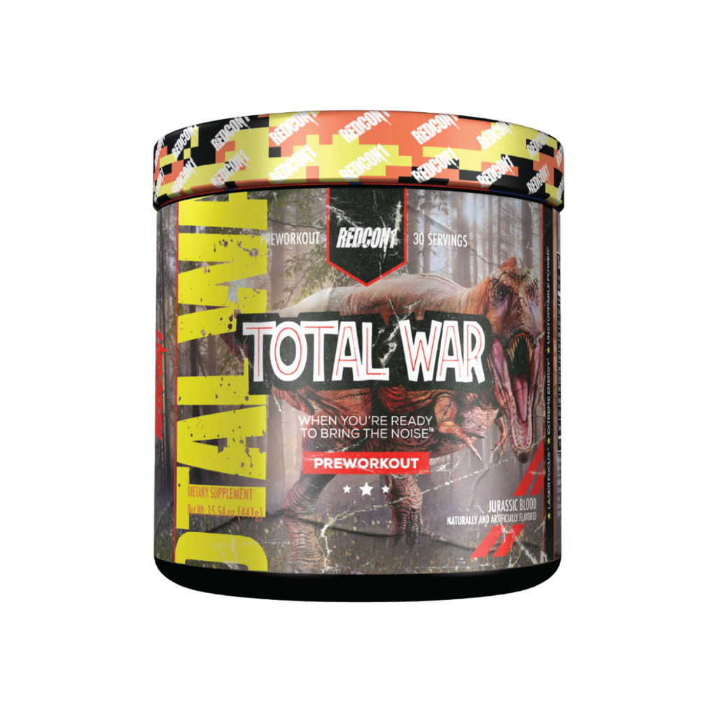 Athlete pouring Redcon1 Total War powder into a shaker cup, ready for an intense training session.
