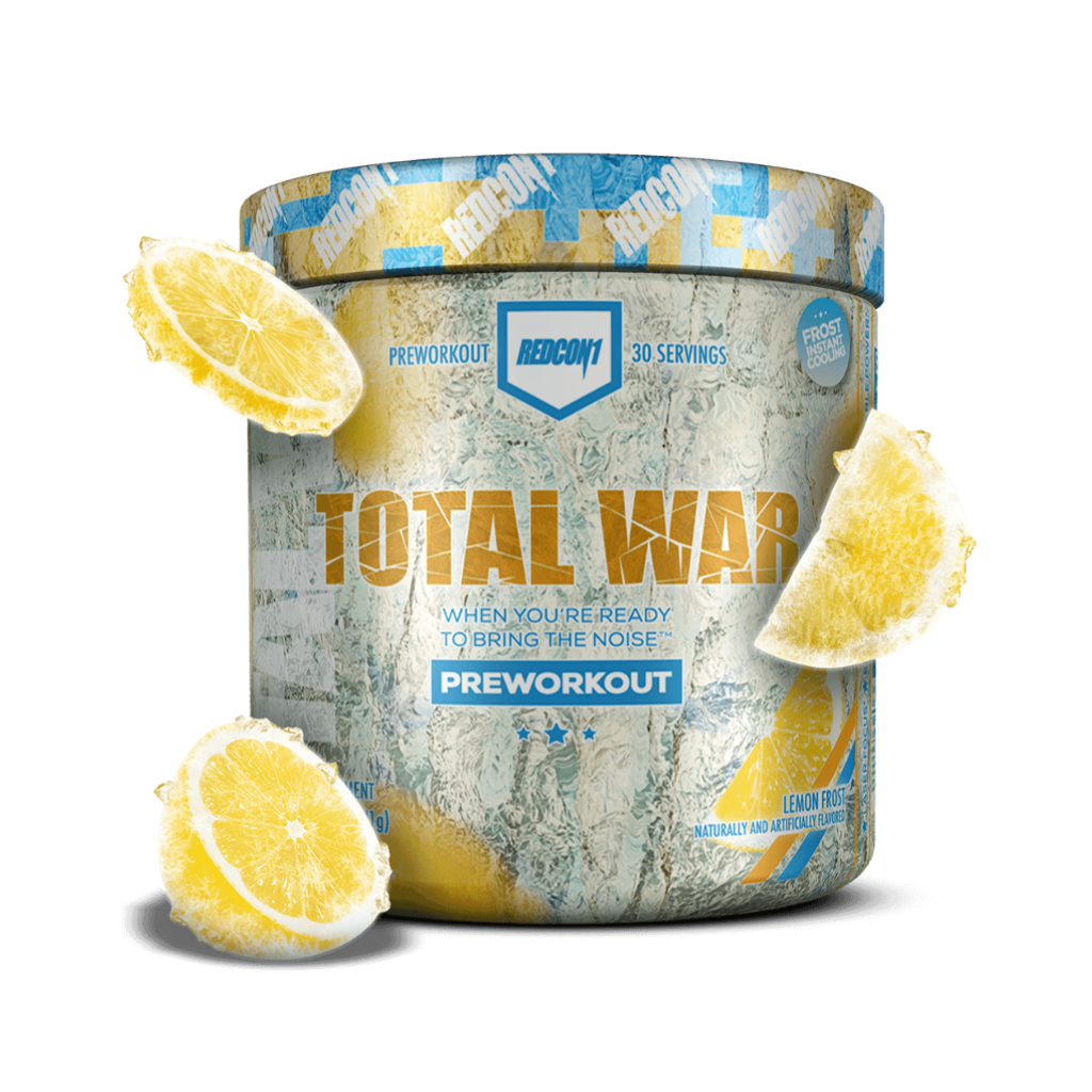 Close-up of Redcon1 Total War energy supplement packaging, showcasing its vibrant design and label.