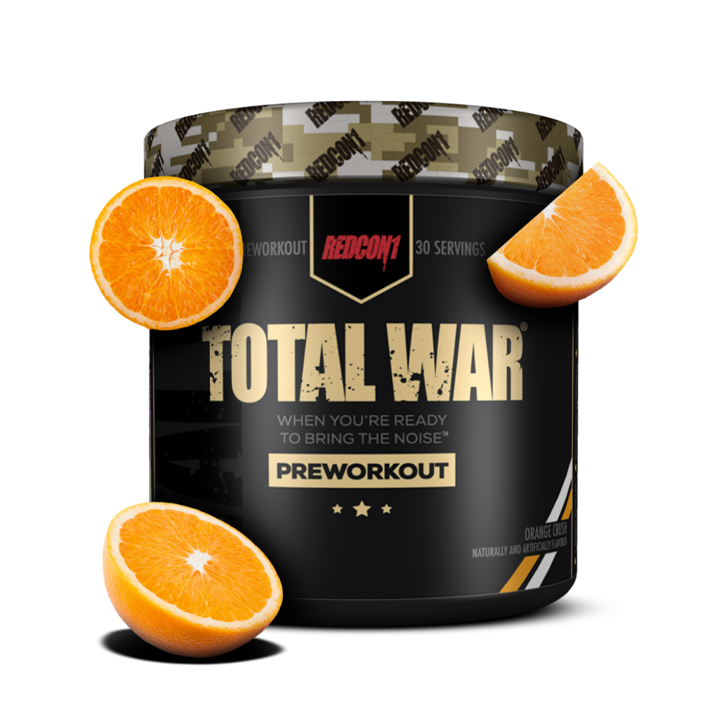Athlete pouring Redcon1 Total War powder into a shaker cup, ready for an intense training session.