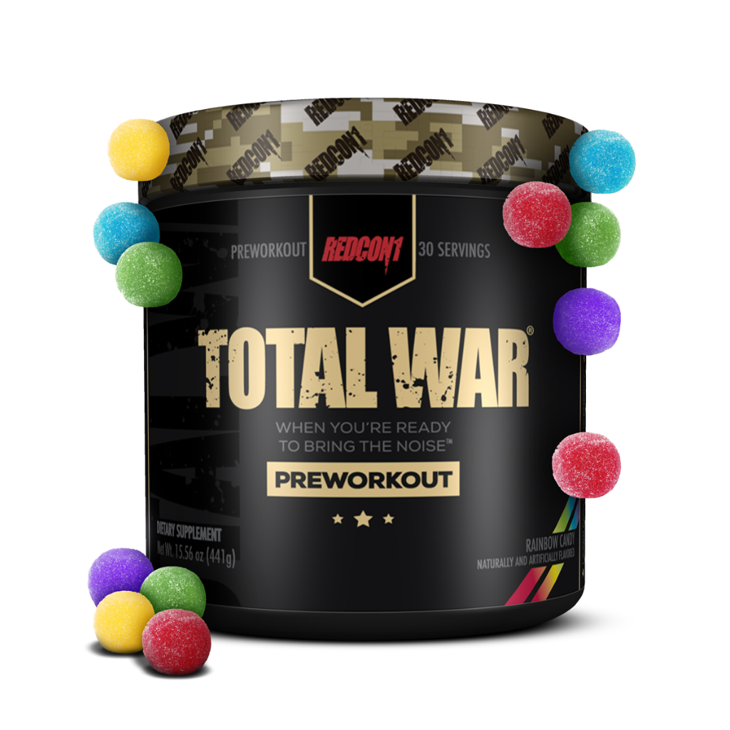 Close-up of Redcon1 Total War energy supplement packaging, showcasing its vibrant design and label.