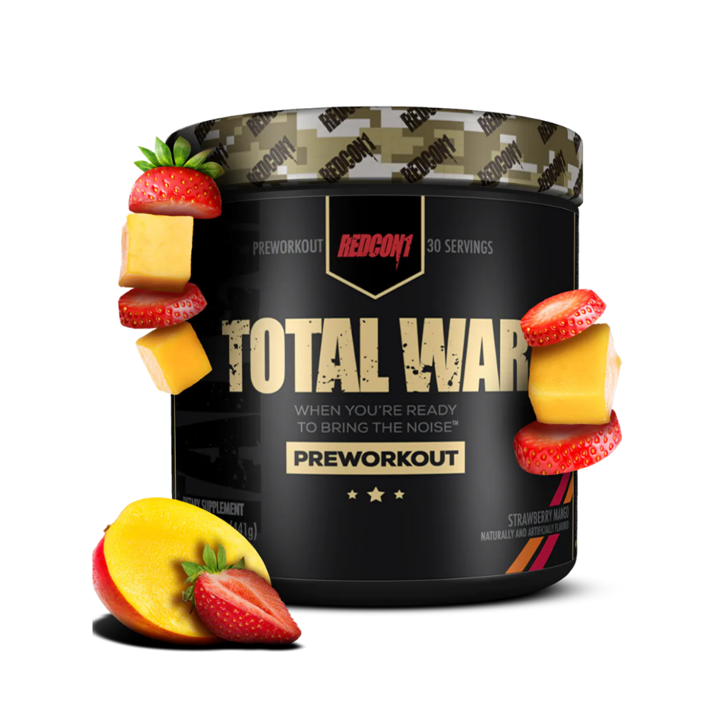 Athlete pouring Redcon1 Total War powder into a shaker cup, ready for an intense training session.