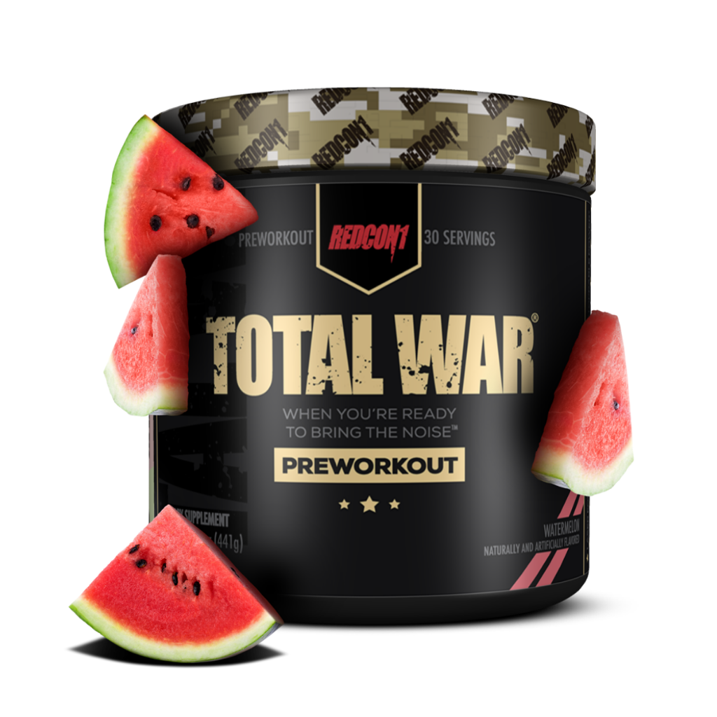 Close-up of Redcon1 Total War energy supplement packaging, showcasing its vibrant design and label.